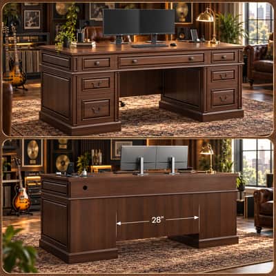 60.6" Old-School Walnut Music Executive Desk 7-Drawer Producer Studio Workstation w/ Charging Hub image 4
