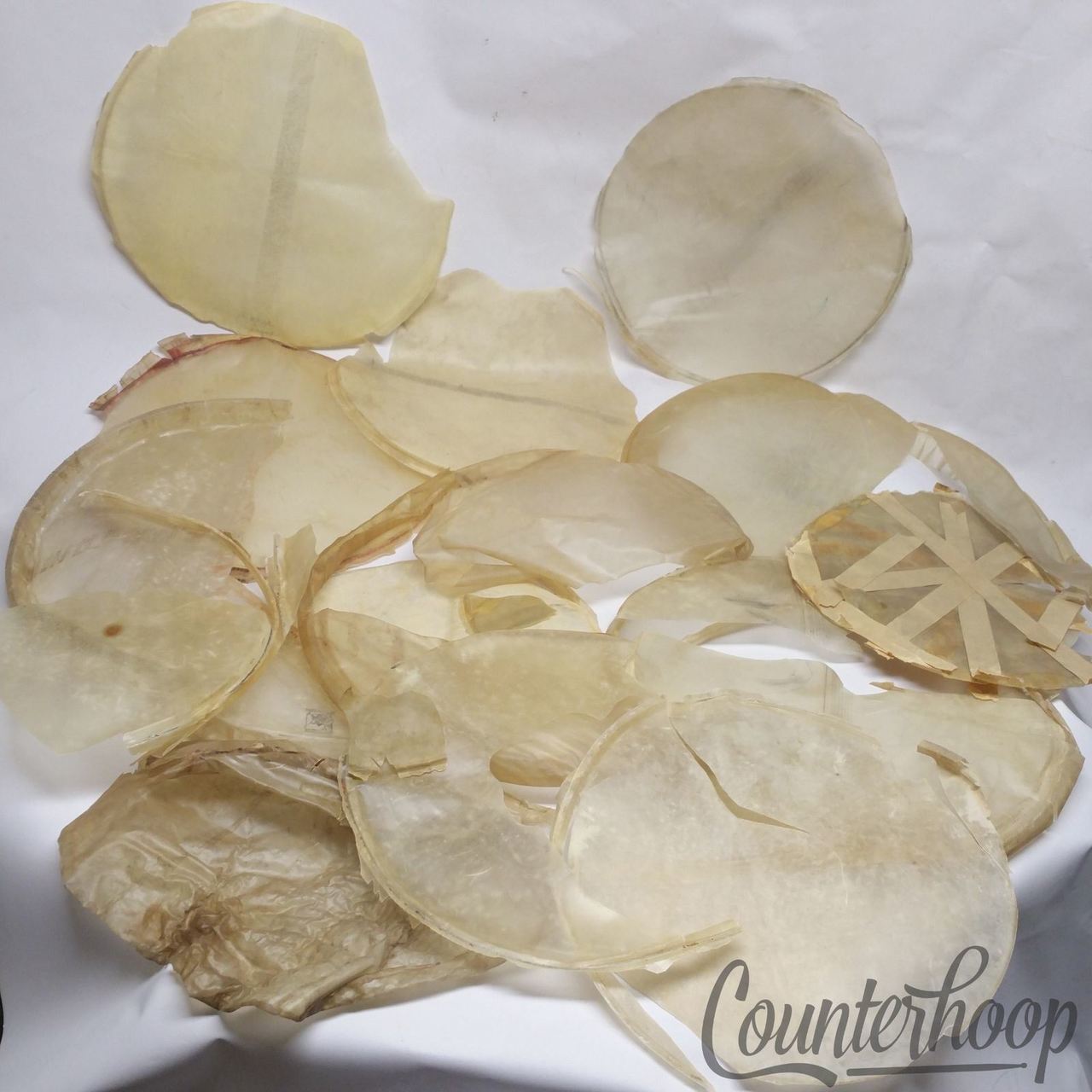 Ludwig Amrawco Calf Skin Drum Heads Retuck Project Scrap Lot Resonant Snare Side — main photograph