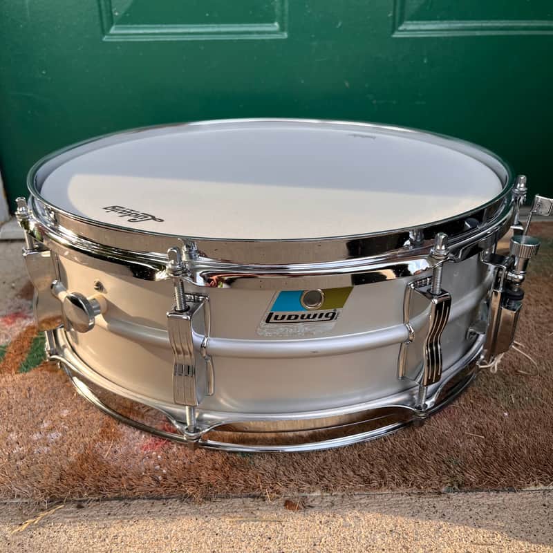 Ludwig No. 404 Acrolite 5x14" 8-Lug Aluminum Snare Drum with Pointed Blue/Olive Badge Late 1970s - Matte Aluminum image 1