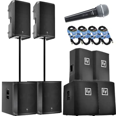(2) Electro-Voice ELX200-15P, (2) EV ELX200-18SP, (2) ELX200-15P Covers, (2) ELX200-18SP Covers, (2) Poles, SV100 Mic, (4) XLR Cables Bundle image 1
