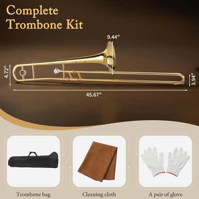 B Flat Tenor Trombone with Mouthpiece, Brass Slide Bb Trombones for Beginners, Portable Instrument Includes Cleaning Cloth, Gloves and Trombone Case (Golden) image 2
