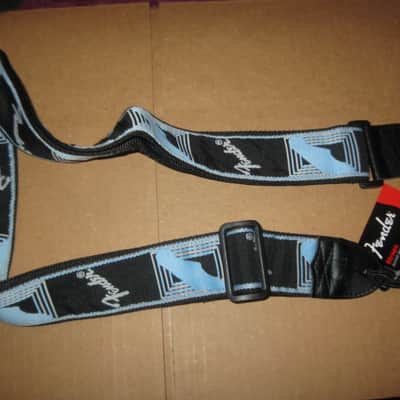 new with tags genuine Fender 2" Monogrammed Guitar Strap Black, Light Gray, and Light Blue - Fender part number: 099-0681-502, Fully adjustable length (39"-72") Woven Fender logo and guitar headstock design, polyester backing, black leather ends image 16