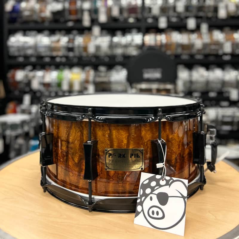 Pork Pie 7x14" Maple/Bubinga Snare Drum (Bubinga Hi-Gloss with Black Hardware) image 1