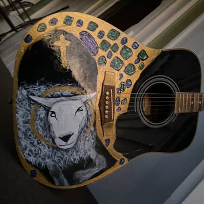 Custom Hand Painted Ibanez Deadnaught Guitar with Medieval Angus Dei Lamb of God design image 16
