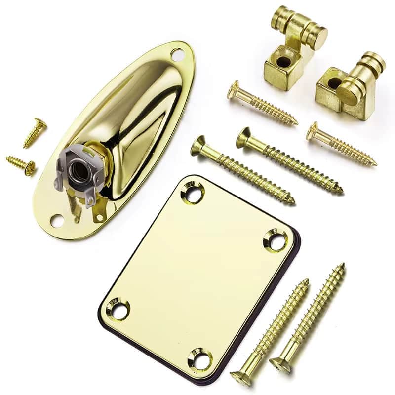 Gold Set Guitar Stratocaster Strat Style Jack Plate, String Retainers Roller Trees, Neck Plate image 1