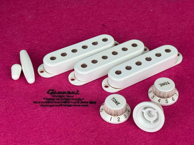 General Vintage Tone Full Ass. Pre cbs  covers / Knobs / tips fits Stratocaster®️ 50’s  round edges - White aged image 1