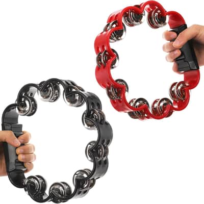 4 Pack Double Row Hand Held Percussion Tambourine, Metal Jingles Handled Tambourine Bells Music Instrument for Adult, Tambourine Lover, Christmas Gift, Red&Black image 3
