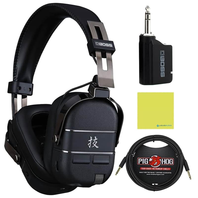 Boss WAZA-AIR BASS Wireless Personal Bass Amplification System Bundle w/Pig Hog PCH10BK Black Woven Instrument Cable and Liquid Audio Polishing Cloth image 1