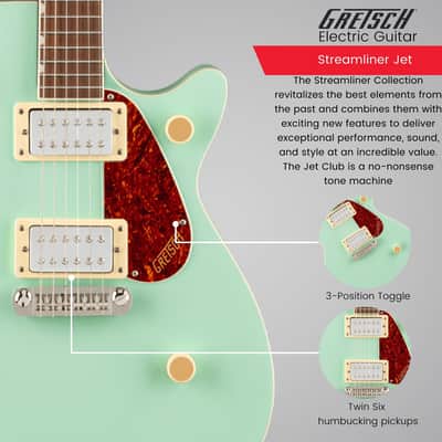 Gretsch Streamliner Jet Club Single-Cut 6-String Right-Handed Electric Guitar with Wraparound Tailpiece, Nato Body and Laurel Fingerboard (Mint Metallic) image 4