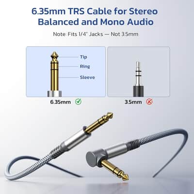 6.35mm TRS Instrument Cable 3.3FT 2-Pack,Right Angle 1/4 Inch Male Jack Stereo Audio Cord,6.35 Balanced Line Lead for Electric Guitar,Bass,Keyboard,Mixer,Amplifier/AMP,Speaker,Equalizer image 2
