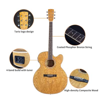 TARIO 41'' Acoustic Electric Cutaway Guitar Antique Jumbo Body Curly Ash body Okoume Neck Natural image 2
