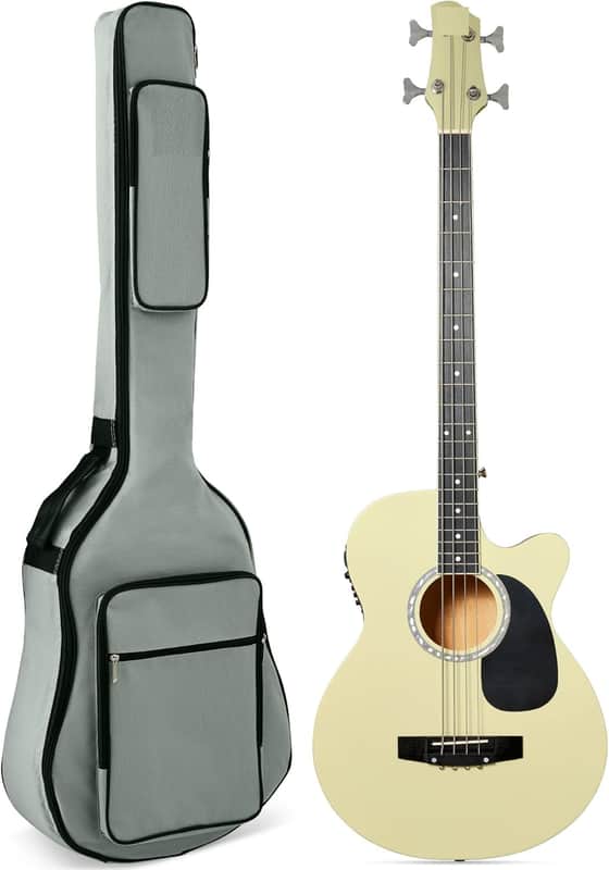 Acoustic Electric Bass Guitar, Full Size 4 String, Fretted Bass Guitar w/Padded Gig Bag - Cream White image 1
