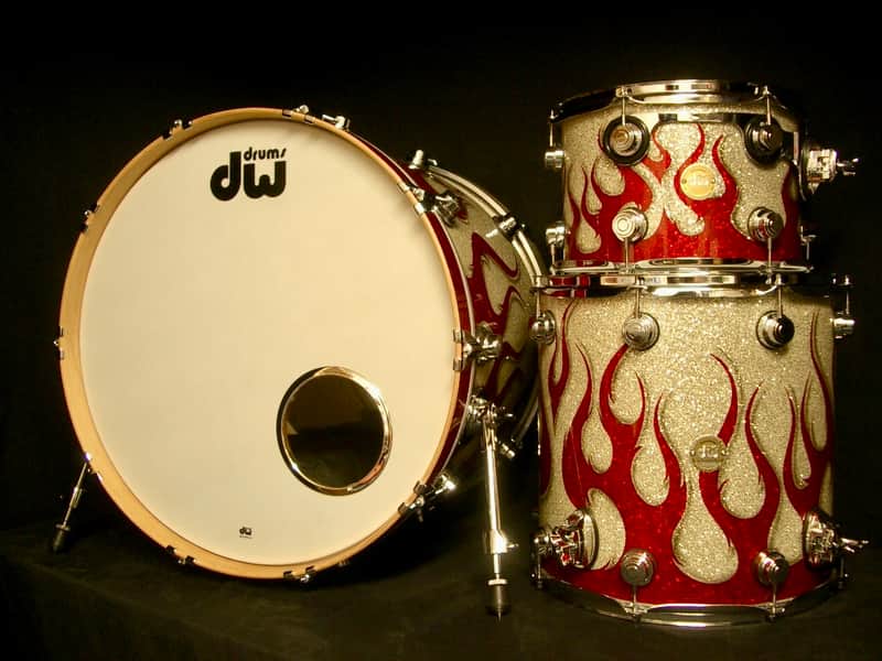 DW Collector's Series Drum Set - Rare Graphics kit in Red/silver sparkle tribal flames image 1