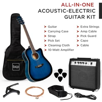 Best Choice Products Beginner Acoustic Electric Cutaway Guitar Set w/ Case, Strap - 41in-Natural image 2