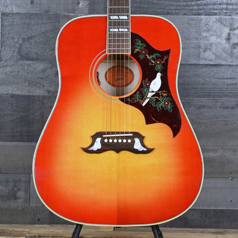 Acoustic guitar with dark, ornate inlay featuring white birds and green foliage.