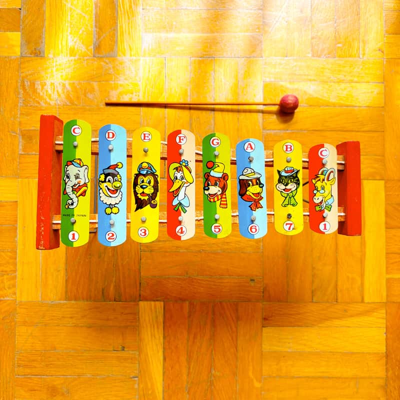 Mysterious and Vintage 1950s Toy Xylophone – Made in Japan – Wooden Panels with Animals & Colors – Collectible/Decor Piece!