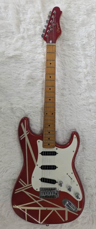 Olympic Strat-Style Electric Guitar Red & White EVH-Inspired Stripes – Used