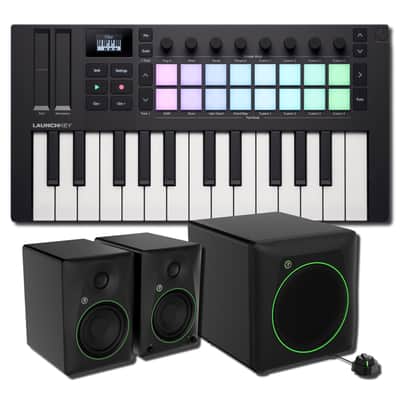 Novation Launchkey Mini 25 MK4 25-Key Mini MIDI Keyboard Controller 2.1 Production Studio Bundle with Mackie CR5BT 5.25-Inch Powered Bluetooth Monitors, CR8SBT 8-Inch Powered Subwoofer, and 2 Balanced TRS Cables