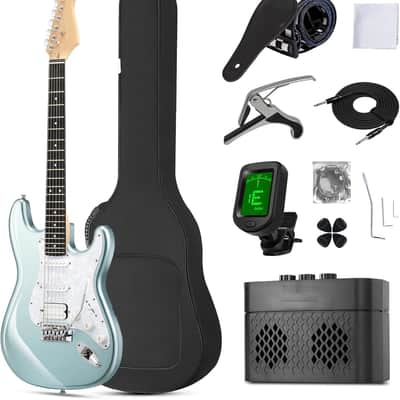 Electric Guitar, 39" Beginner Electric Guitar Kit, Matte Finish, HSS Pickups, Guitar Starter Kit with AMP, Includes Digital Tuner, Strings, Pick, Vibrato Bar, Capo, Strap, Gig Bag, Blue image 1
