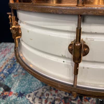 Leedy - 14x5" 8-Lug Multi-Model Snare Drum - White Lacquered Brass with Gold Hardware. 1920s image 12