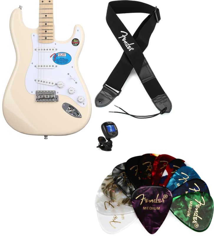 Fender Jimmie Vaughan Tex-Mex Stratocaster - Olympic White with Maple Fingerboard Bundle with Fender 2" Polyester Logo Strap - Black with White Logo... (4 Items)