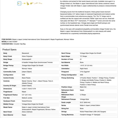 Fender MIJ Limited International Color Stratocaster 2022 - Monaco Yellow 02336 image 17