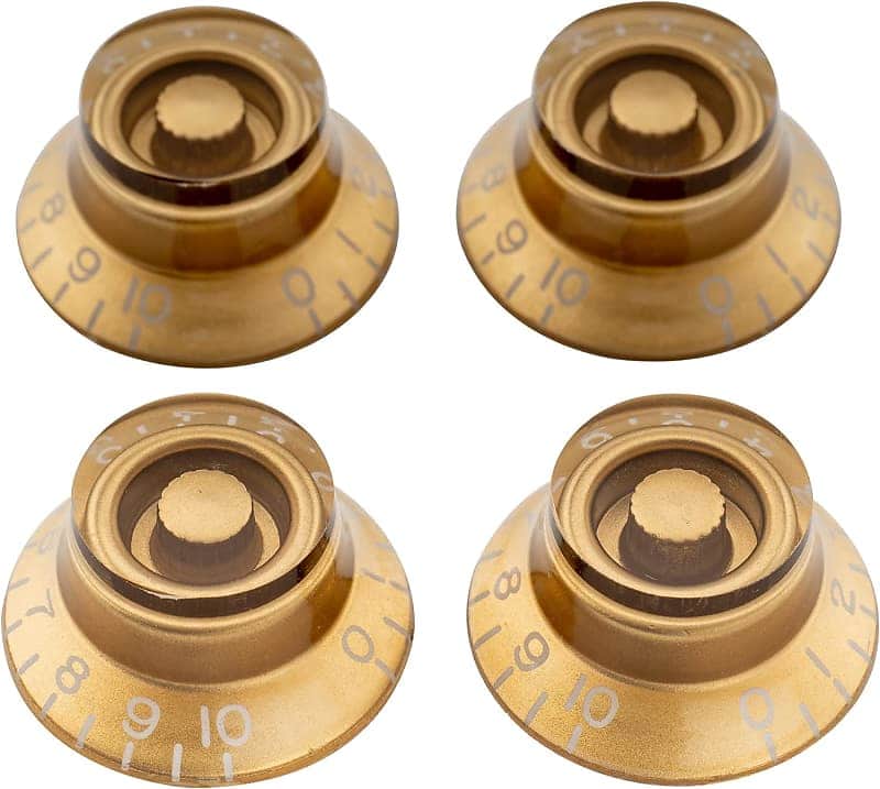 Metric Size 18 Spline Bell Top Hat Control Knobs for Epiphone Les Paul SG Electric Guitar Asia Import Guitar Bass Split Shaft Pots, Gold (Set of 4) image 1