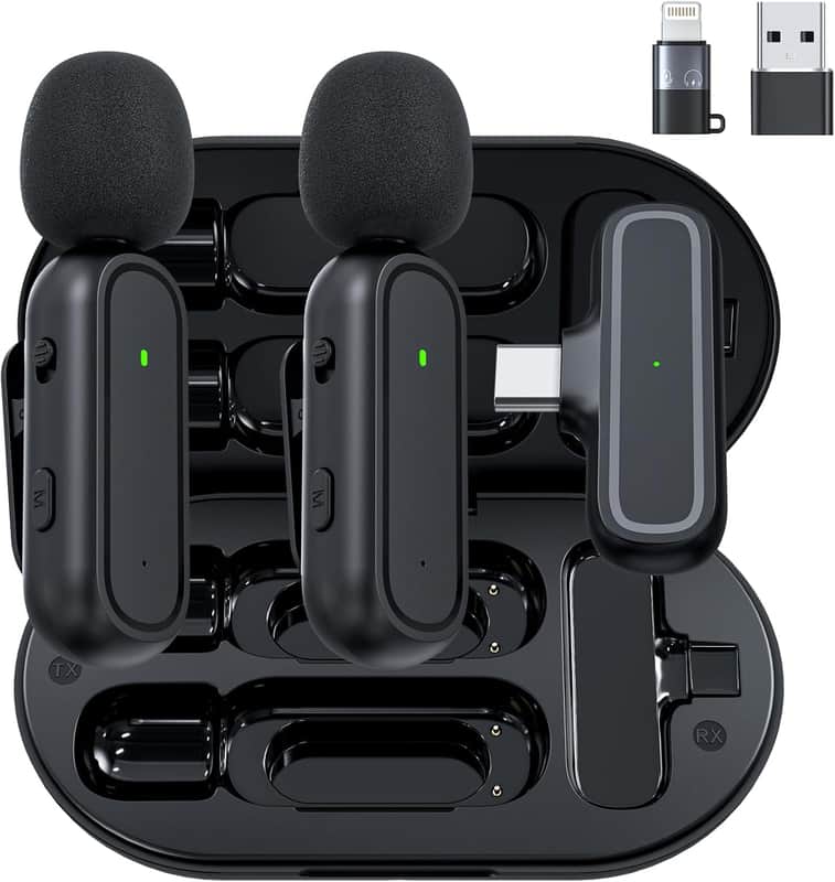 2-Pack Wireless Lavalier Microphone for iPhone Vlogging Included Charging Case & Jack Adapter, Noise Reduction Plug-Play Clip on Lapel Mic for Vlogging,Youtuber,Video Recording,Live Streaming image 1