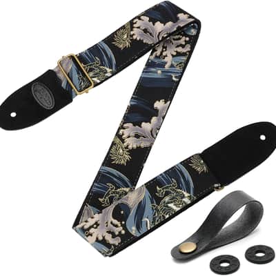 Guitar Strap with 2 Strap Locks & Strap Button, Dragon Guitar Strap Cool Designed Shoulder Strap with Suede Leather Ends for Bass, Acoustic & Electric Guitar (Black Gold Dragon) image 1