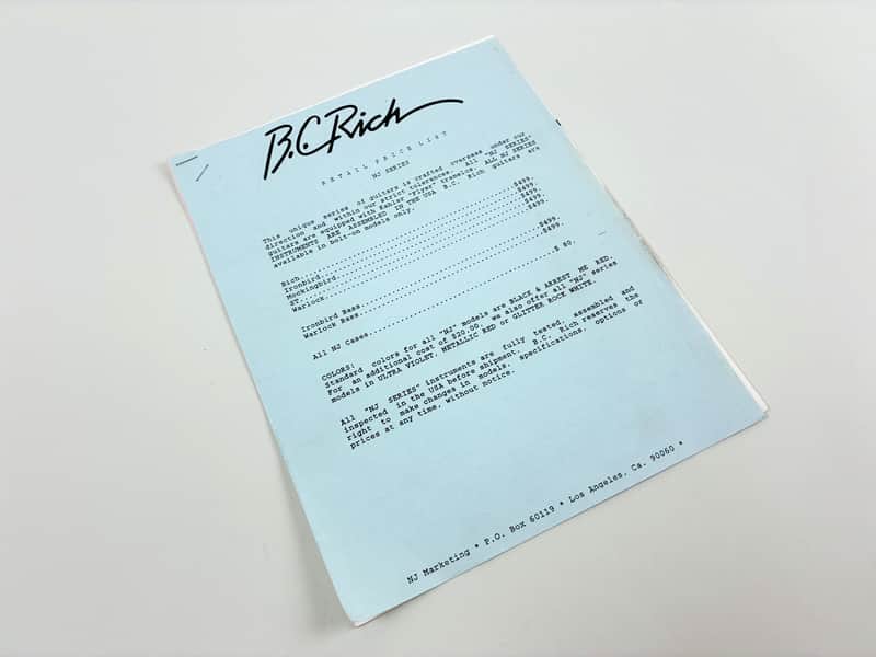 B.C. Rich Dealer Retail Price List Packet – Late 1980s N.J. Series & Custom Shop Models – Original Dealer Literature image 1