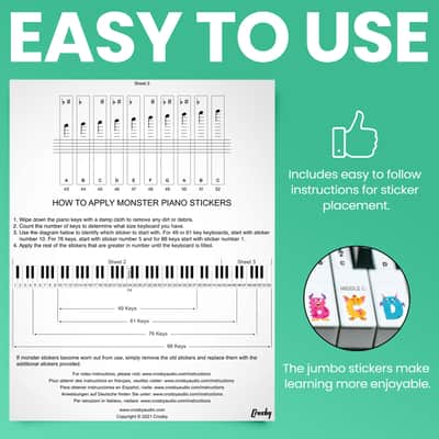 Crosby Monster Piano Stickers for Learning Piano or Keyboard - Transparent 88, 76, 61 & 49 Removable Key Set image 3