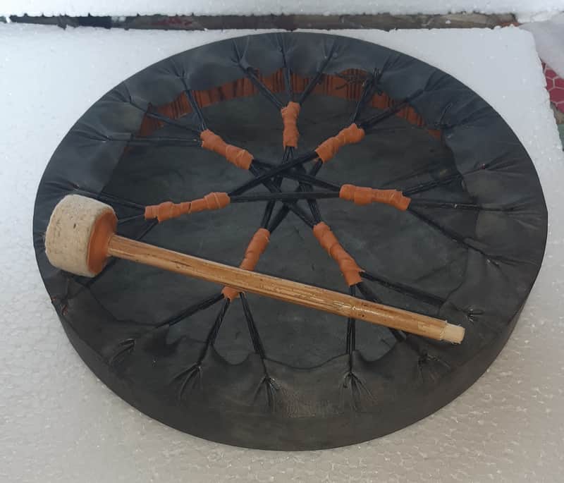 18" inches Handmade wooden frame Goat Hide Shaman shamanic Ritual Rawhide Laces drum, Meditation Medicine Percussion Natural Black shadow + Beater image 1