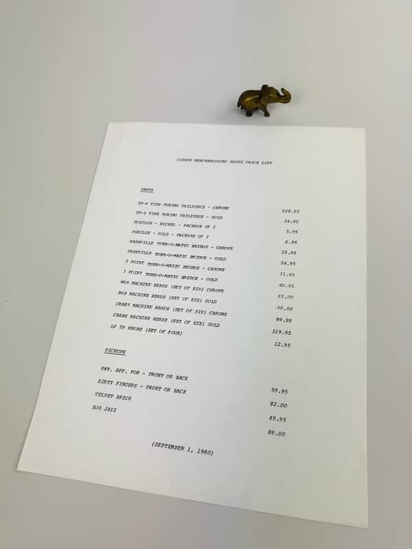 Gibson Parts & Pickups Price List — Original Dealer Sheet 1980 image 1