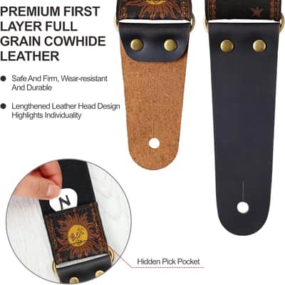 Guitar Strap, Sun Embroidered Cotton Guitar Strap with Head Cowhide Leather Ends for Bass, Electric and Acoustic Guitars, Free Strap Button, 1 Pair of Strap Locks and 4 Guitar Picks image 2