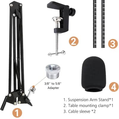 Boom Arm Mic Stand - Mic Boom Arm with Foam Mic Cover Adjustable Microphone Arm with Cable Sleeve image 3