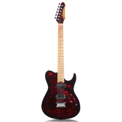Electric Guitar Burl Wood Look Printed Top Modern Double Cut 6 String HH Pickups Tremolo Maple Neck Gloss Finish (Red) image 1