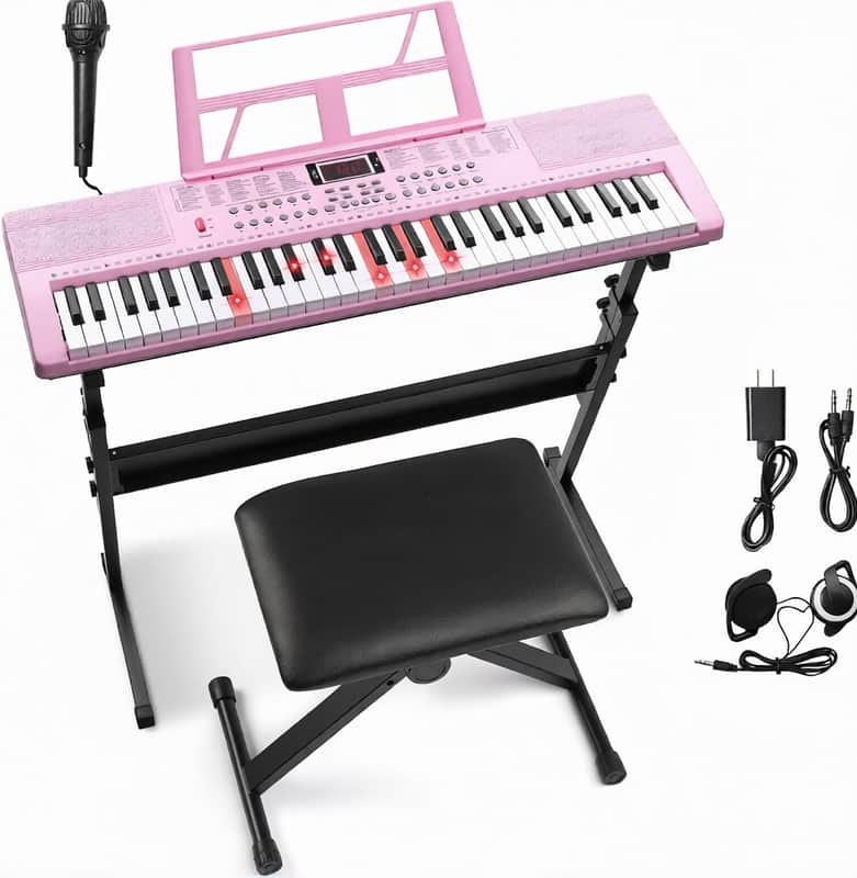 61 Key Keyboard Piano Electric Keyboard w/Lighted Keys, Electric Piano Set with Headphones, Microphone, Music Rest, Power Adapter, Stand, Piano Bench and Manual image 1