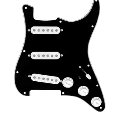 920D Custom "DG"  Loaded Pickguard With White Pickups and Knobs, Black Pickguard, and S7W-MT Wiring Harness For Stratocasters