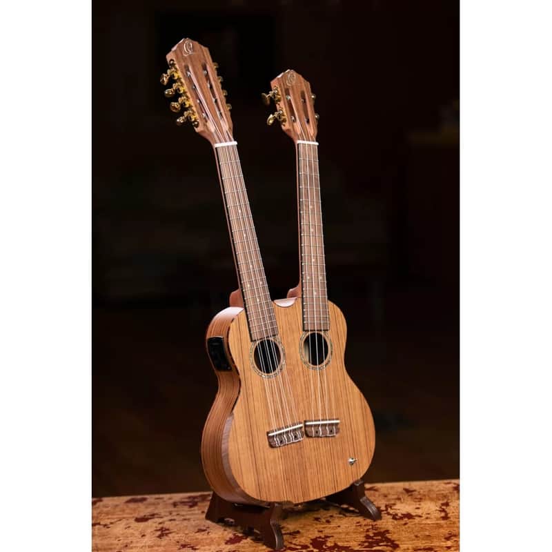 Ortega Custom Built Series Double Neck 4 & 8 String Tenor Acoustic-Electric Ukulele w/ Bag image 1