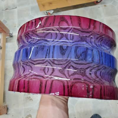 HHG Drums  PRE SALE 13x7 Contoured White Ash Stave Snare  2020 Blue Raspberry High Gloss Burst Lacqu image 10