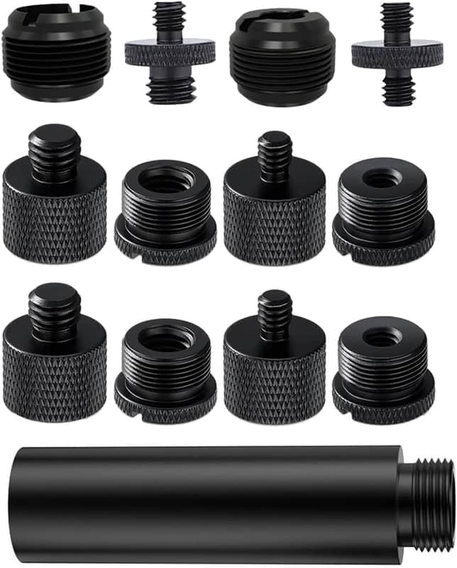 13 Pack Microphone Stand Adapter Screws with Extension Tube,Black Aluminum Alloy,3/8 to 5/8 and 1/4 Threaded Screw Mount for Mic Boom Arm,Camera Tripod,Projector Stand Arm,Fill Light image 1