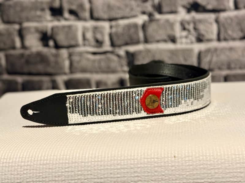Copperpeace Glovely Silver Sequined Black Leather Guitar Strap - Red Pick Pocket image 1