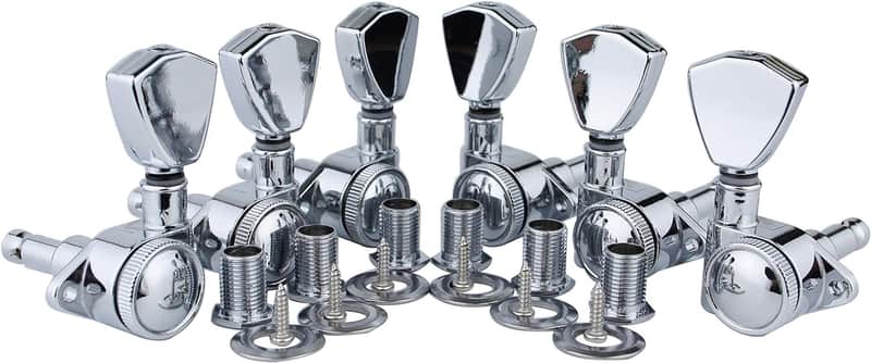 Guitar Locking Tuners (3L + 3R Handed) - 1:21 Models Rear Lock String Tuning Key Pegs Machine Head with Trapezium Handle Replacement for Electric, Folk or Acoustic Guitars - Chrome image 1