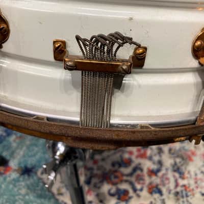 Leedy - 14x5" 8-Lug Multi-Model Snare Drum - White Lacquered Brass with Gold Hardware. 1920s image 15