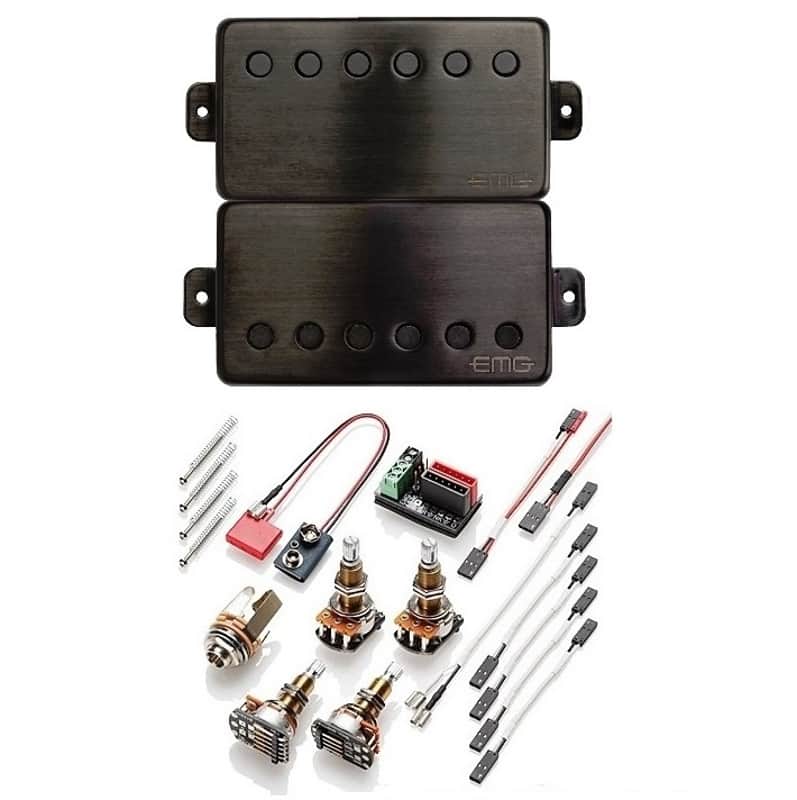 EMG JH SET JAMES HETFIELD BRUSHED BLACK CHROME HUMBUCKER SET STANDARD SPACED LONG POTS & WIRING image 1