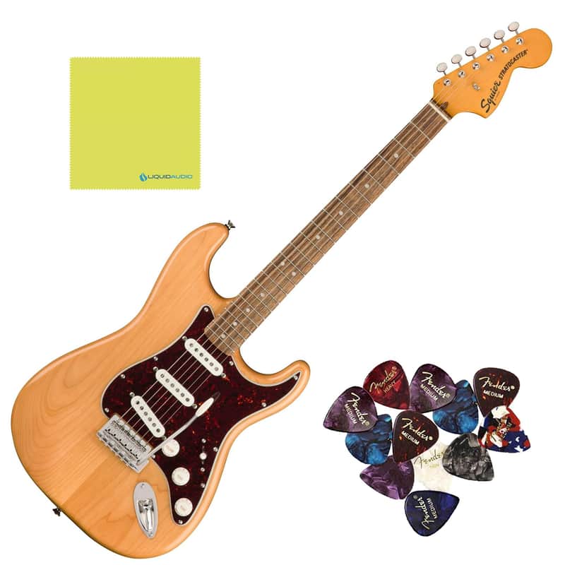 Squier Classic Vibe '70s Stratocaster, Indian Laurel Fingerboard, Natural - 0374020521 Bundle w/ 12-Pack Guitar Pick and Liquid Audio Polishing Cloth image 1