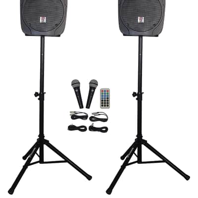 Pair of Rockville Package 12" 1400 Watts Passive DJ PA Speakers+(2) Stands+(2) Mics+Cables image 1