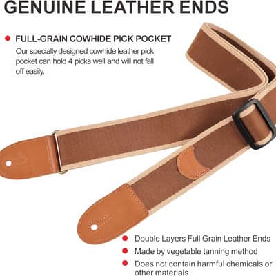 Guitar Strap, Cotton Full Grain Leather Ends Guitar Straps with Pick Pocket for Bass, Electric & Acoustic Guitar, Come with Free Strap Button, 1 Pair Strap Locks and 4 Guitar Picks image 2