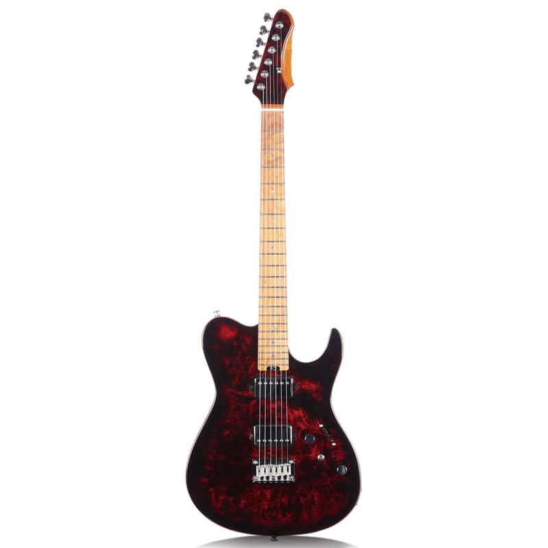 Electric Guitar Burl Wood Look Printed Top Modern Double Cut 6 String HH Pickups Tremolo Maple Neck Gloss Finish (Red) image 1