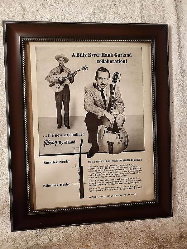1956 Gibson Guitars promotional Ad Framed Hank Garland, Billy Byrd Byrdland Electric Guitar Original